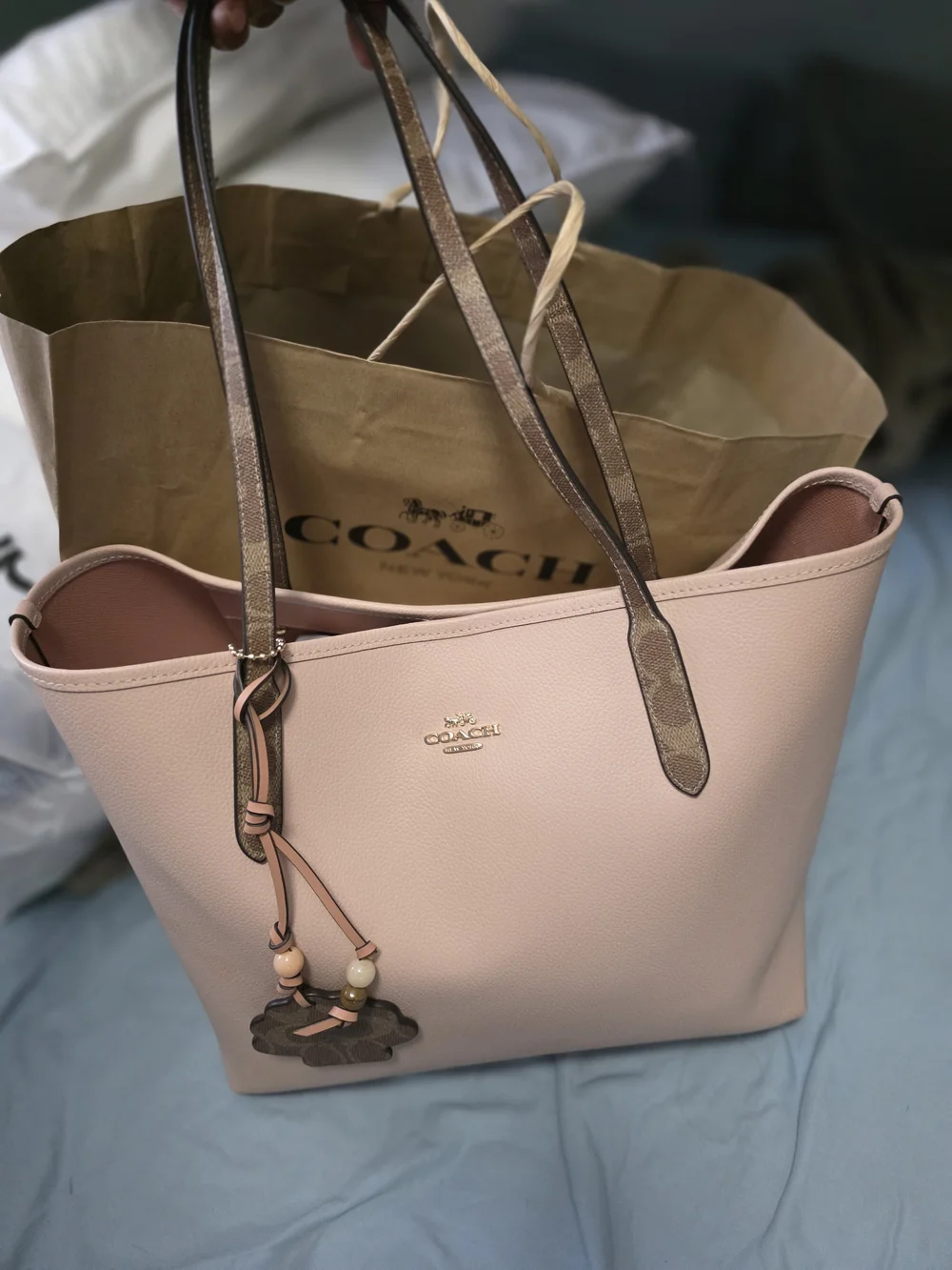 Coach Blush Pink Pebble Leather Tote with Signature Straps